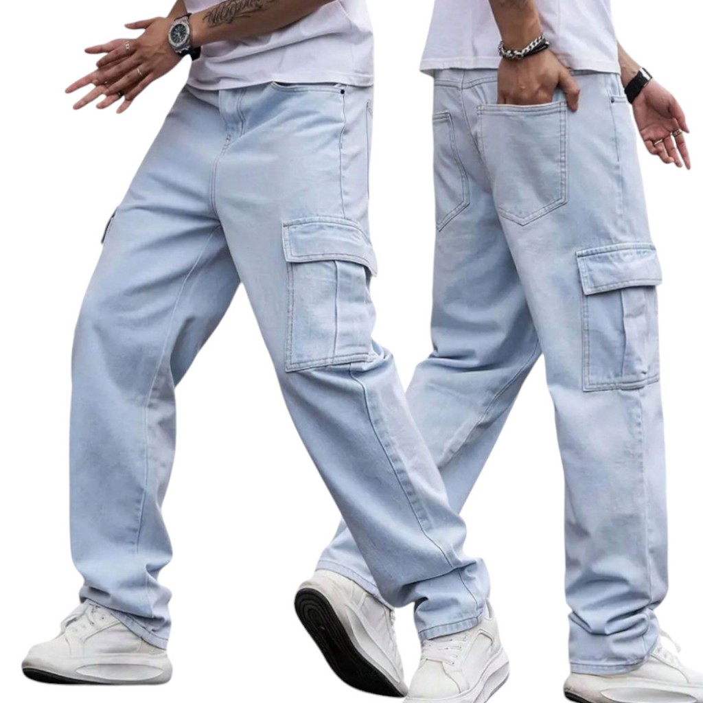 Calça Jeans Balão Baggy Cargo Masculina Corte Reto Larga Dazzling
