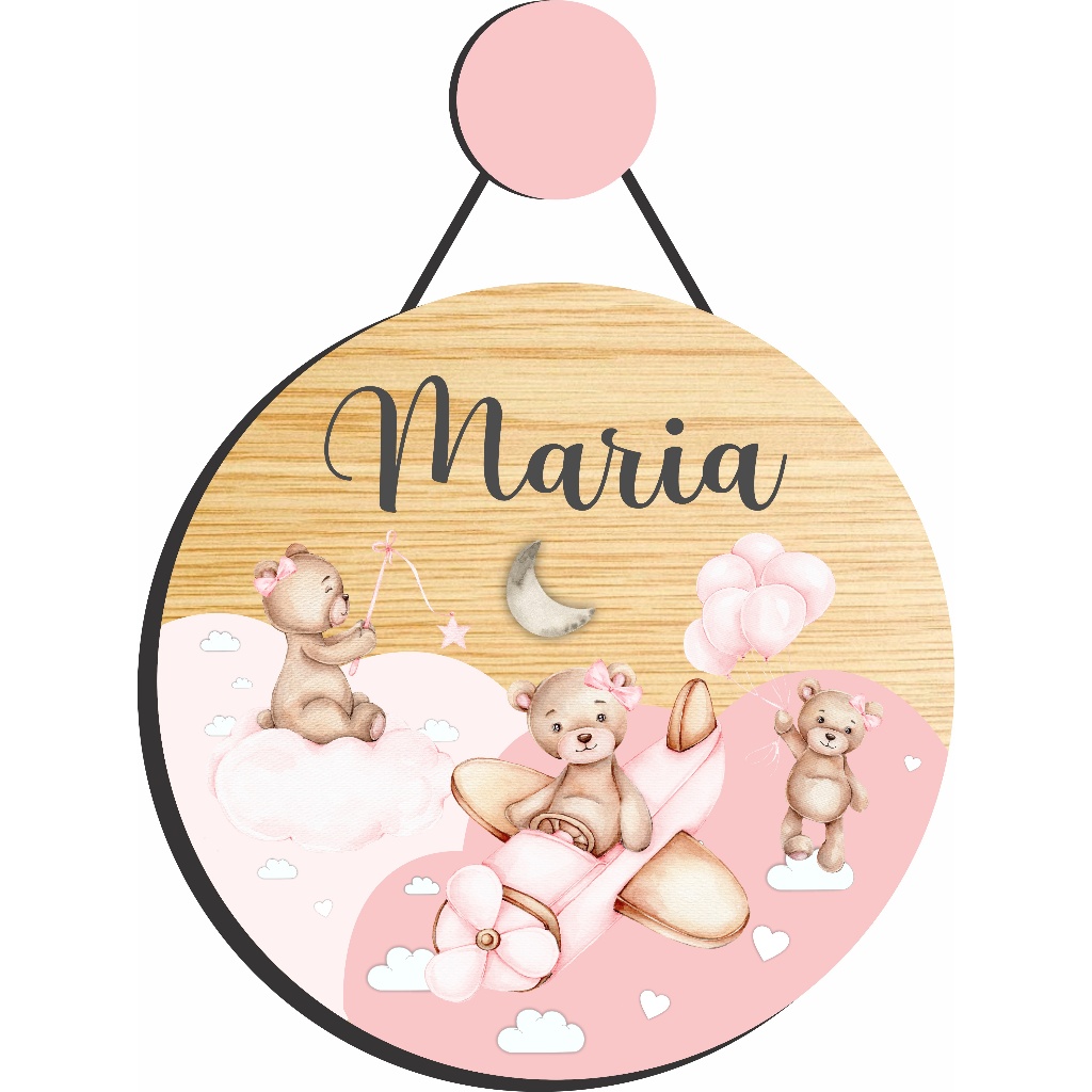 Enfeite Porta Maternidade Ursa Aquarela, Ursinha, ursa aviadora, estrela- Nome personalizado.