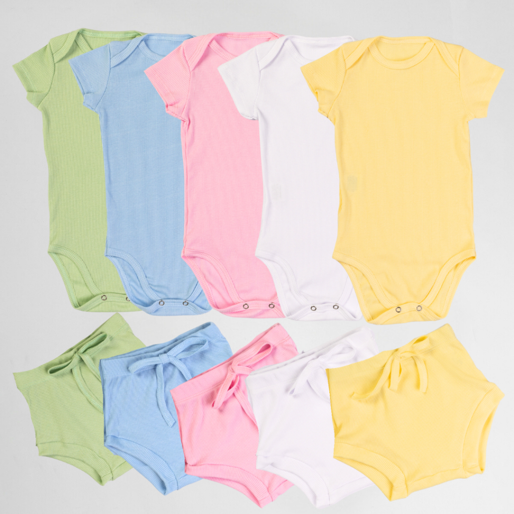 Kit 5 Conjuntos Body Curto e Shorts Tapa Fralda Bebê Verão Canelado Manga Curta 24001-K5-C1