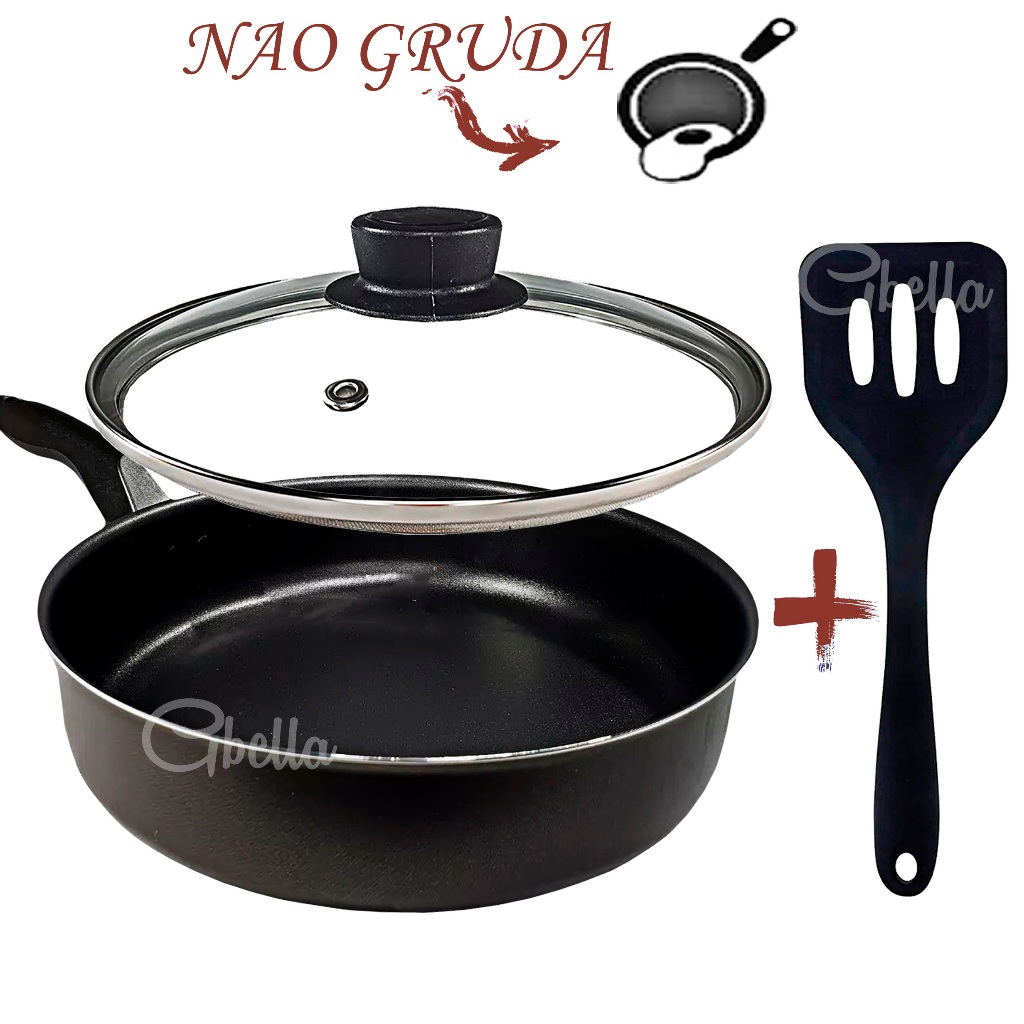 Frigideira Funda Antiaderente Com Tampa de Vidro 22cm Alta Teflon Cor Grafite + Espátula Nylon