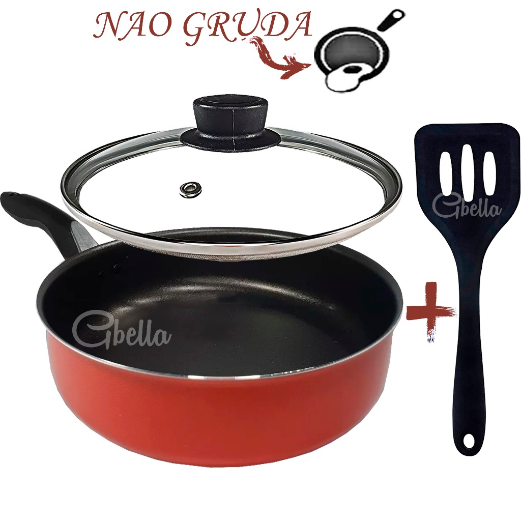 Frigideira Antiaderente Com Tampa de Vidro Alta 18cm Funda Teflon Cor Vermelho e Preto + Espátula Nylon em Oferta na Shopee
