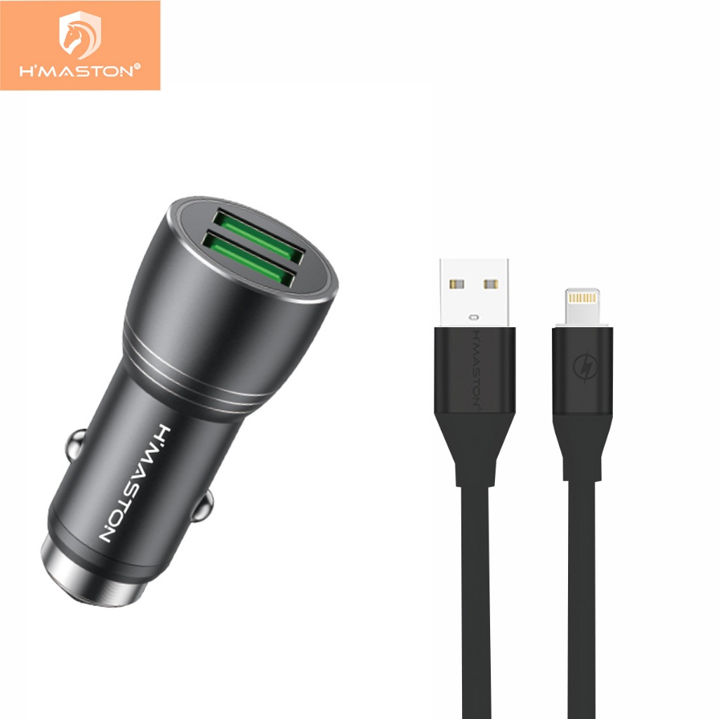 H'Maston L01 Carregador de Carro Veicular para Celular 2USB 4.8A + Cabo V8 Lightning Tipo-C