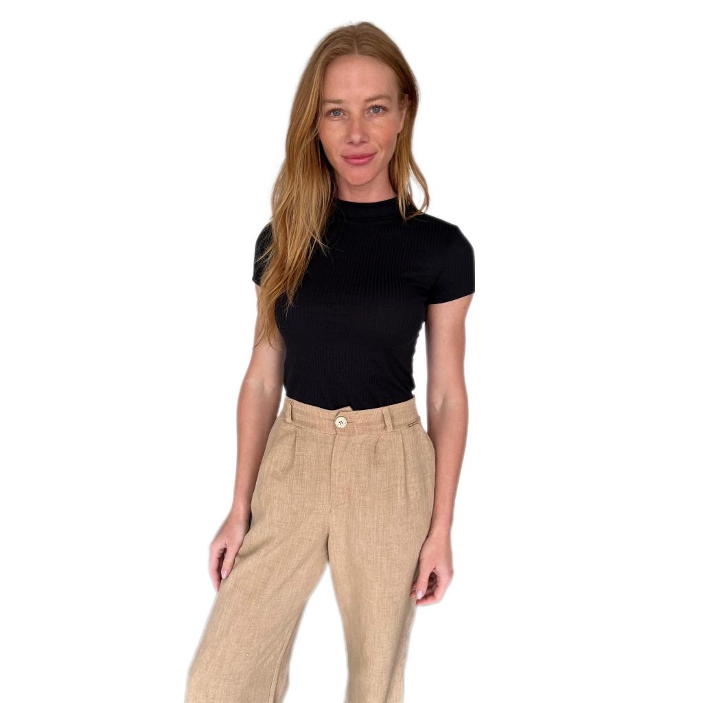Blusa Canelada Premium Gola Redonda Larga Manga Curta Blusa Básica Moda Feminina Estilo Conforto Versátil.