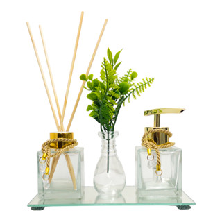 Kit Lavabo Luxo Vidro Cubo 100ml Aromatizador Ambiente e Saboneteira Com Bandeja e Vaso De...