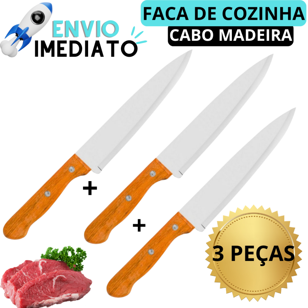 Kit 3 Faca de Cozinha Grande Faca De Carne Peixeira De Inox 7 Cabo de Madeira Para Cozinha Restaurantes Para Carne