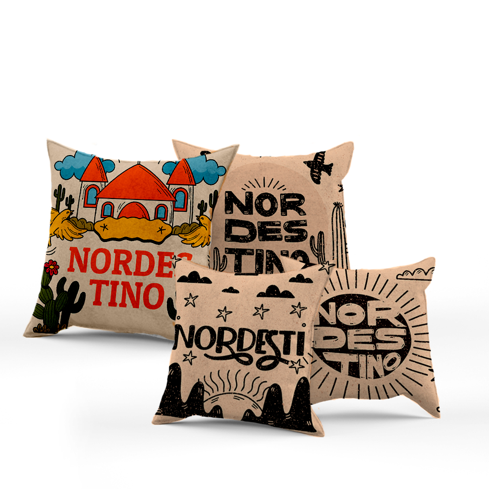 Kit Com 04 Capas Para Almofadas Decorativas Ideal Para Decoração de Quarto e Sala Estampada e Lisa com Zíper Costura Reforçada Nordestino