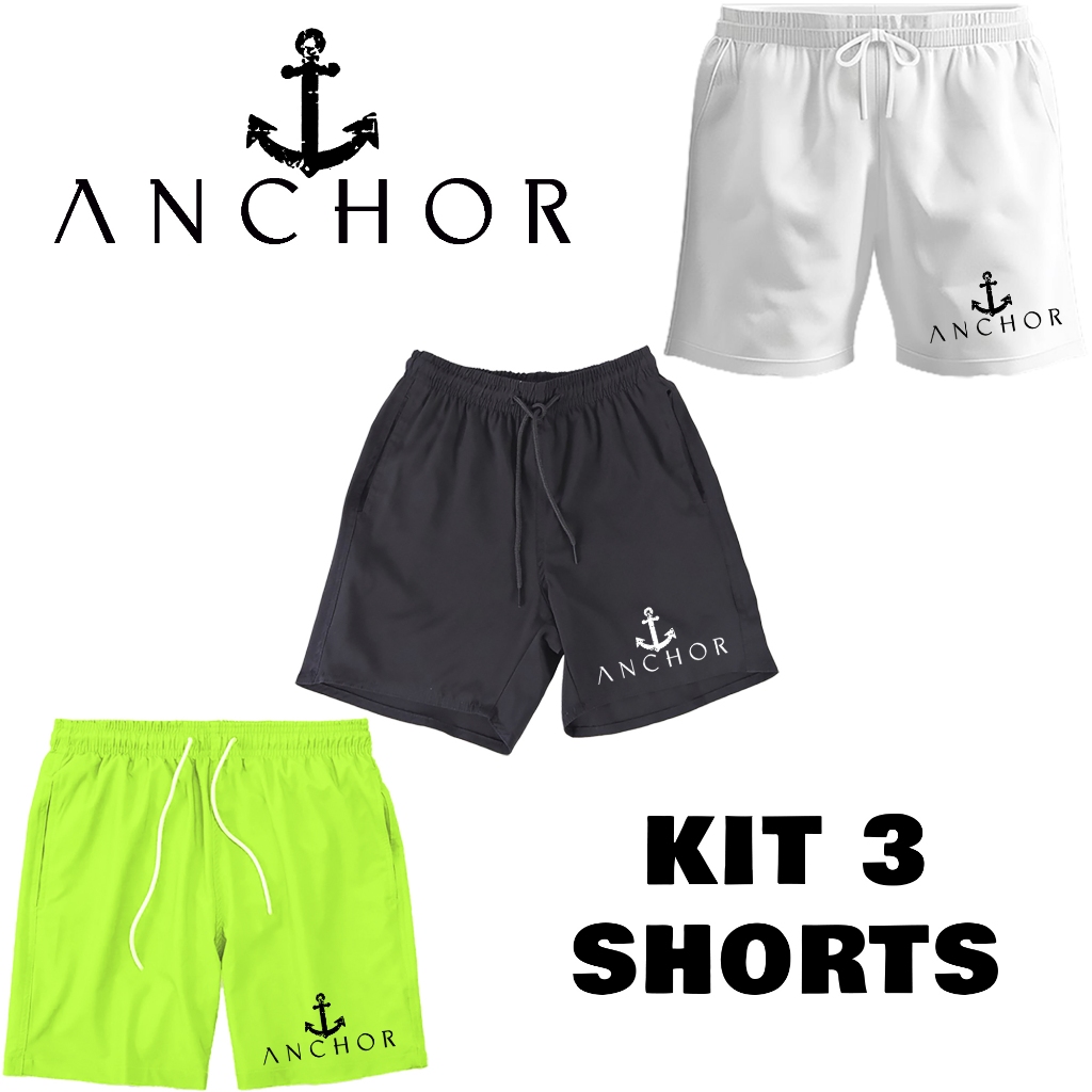 Kit 3 Shorts Tactel Âncora Preto-Branco-Verde Promoção Envio Imediato Tecido Premium