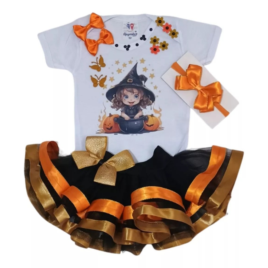 Conjunto Bruxinha Bebê Menina Body Halloween Festa Infantil Fantasia Dia Das Bruxas Body, Saia e Laço
