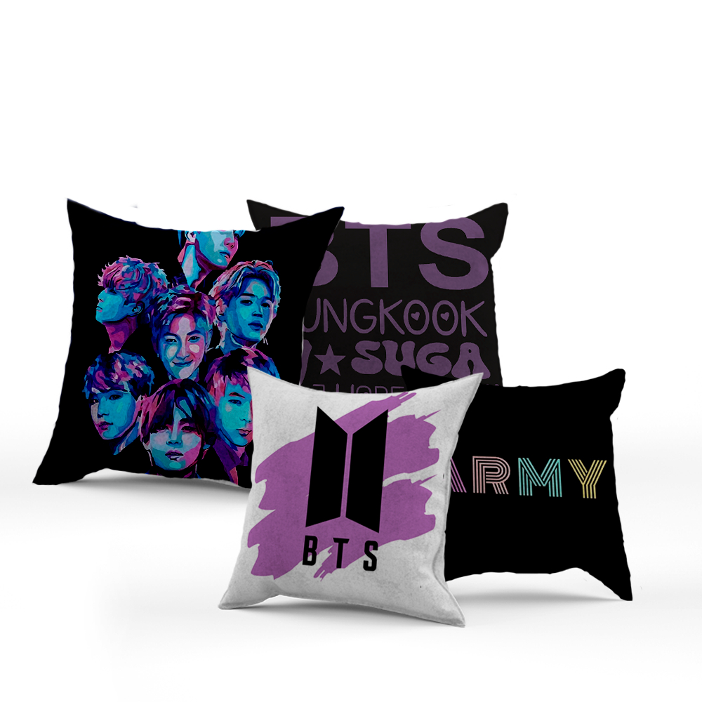 Kit Com 04 Capas Para Almofadas Decorativas Ideal Para Decoração de Quarto e Sala Estampada e Lisa com Zíper Costura BTS