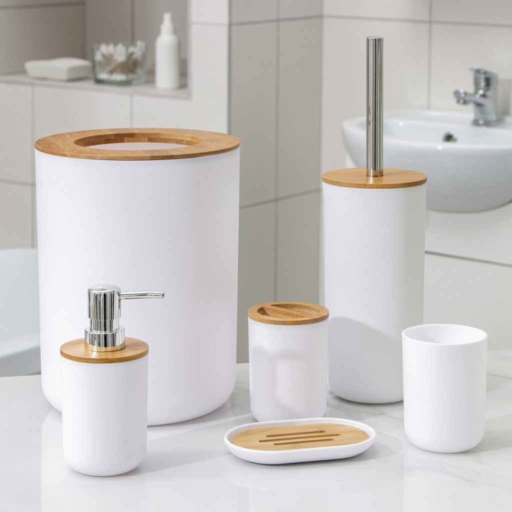 Kit Banheiro Lavabo 6 peças Pvc Tampa de Bambu Porta Escova Lixeira Saboneteira Escova Sanitária