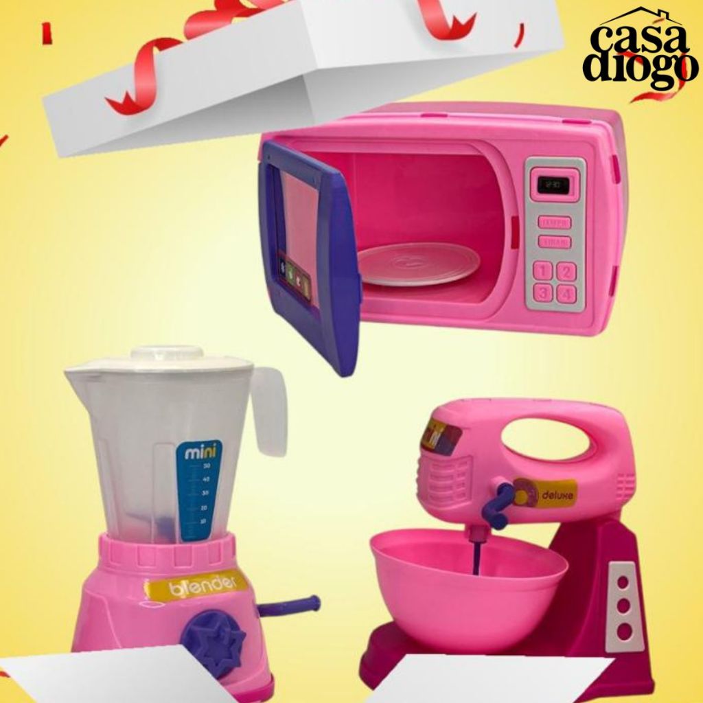 Kit Confeitaria Liquidificador Batedeira Micro-ondas Brinquedo Presente De Criança Infantil Menina