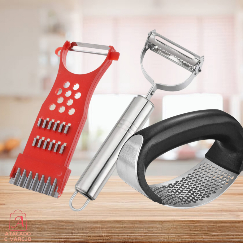 Kit Descascador de Legumes 5 em 1 + Amassador Espremedor Triturador De Alho + Descascador De Legumes Inox De Legumes