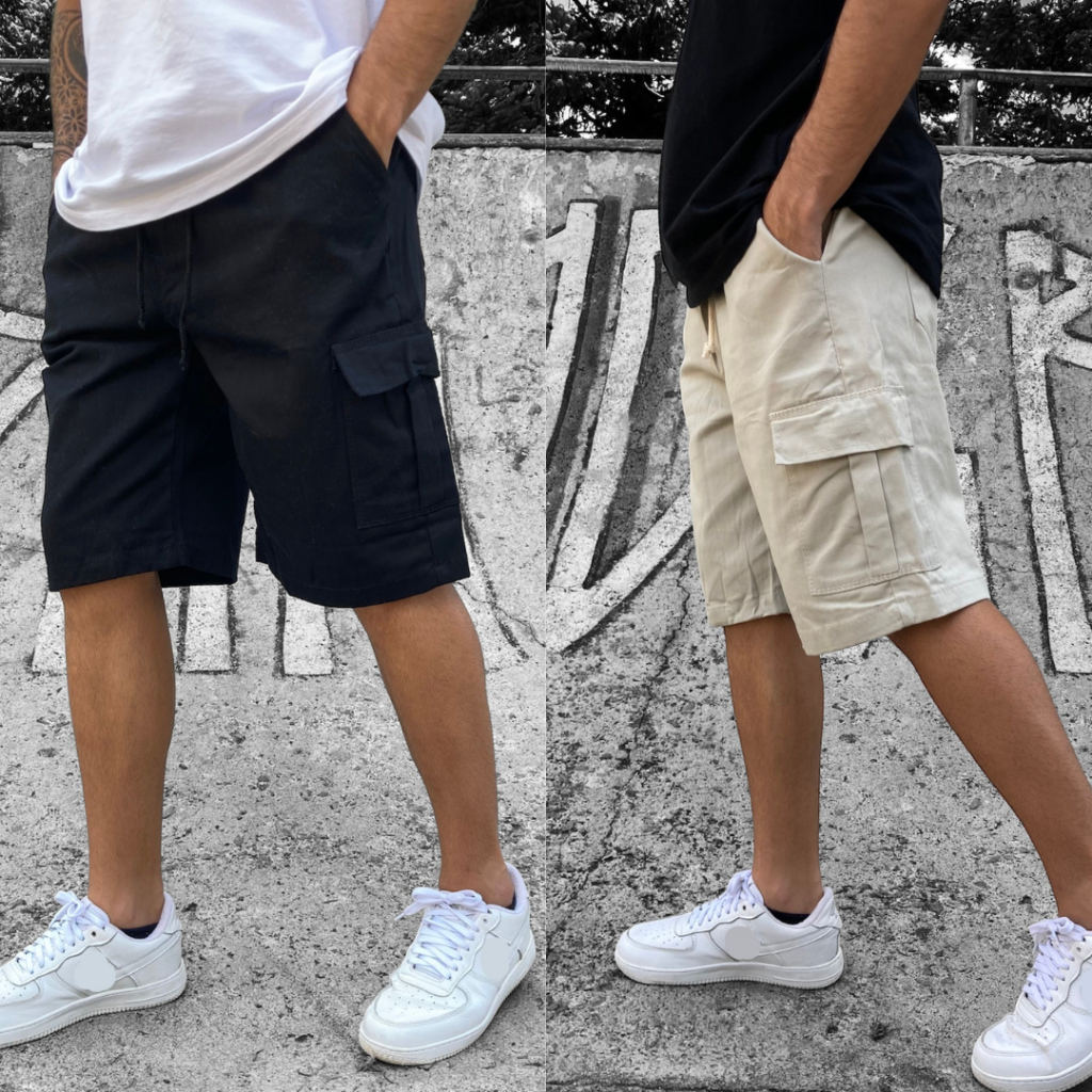 Bermuda Cargo Larga Short Masculino Skate Plus Size 6 Bolsos Preta Elástico em Oferta na Shopee