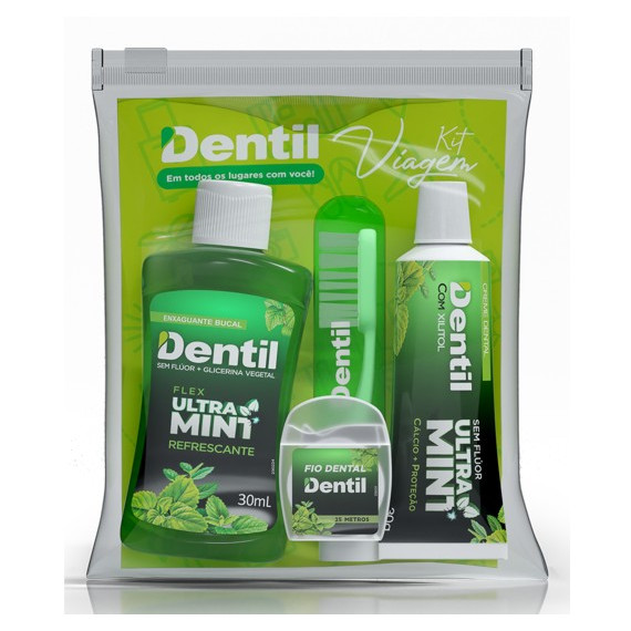Kit Viagem Creme Dental 30g + Fio Dental 25m + Escova Dental + Enxaguante Bucal Dentil Ultra Mint 30ml Sem Flúor.
