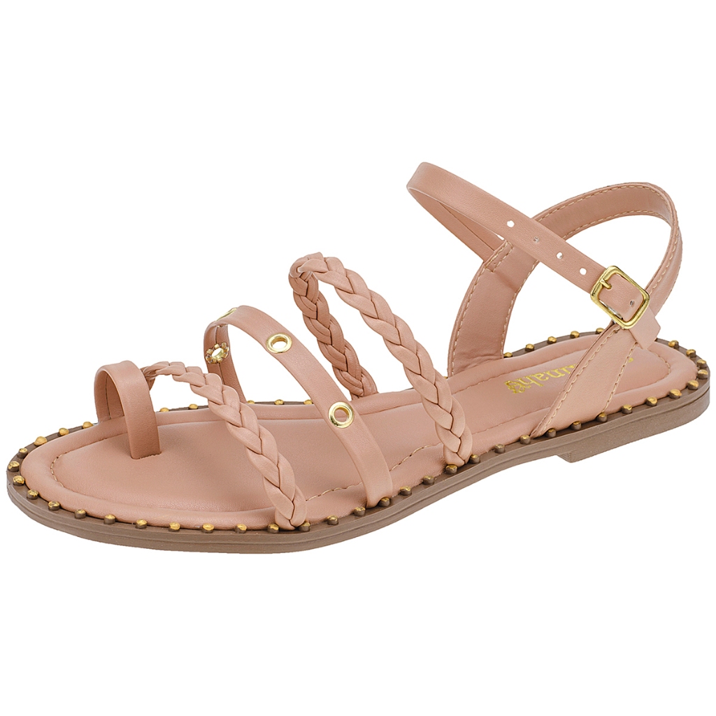 Sandália Feminina Rasteira Bico Redondo Shekinah Tachas Cravos Confortável Super Leve Moda - Women Shoes