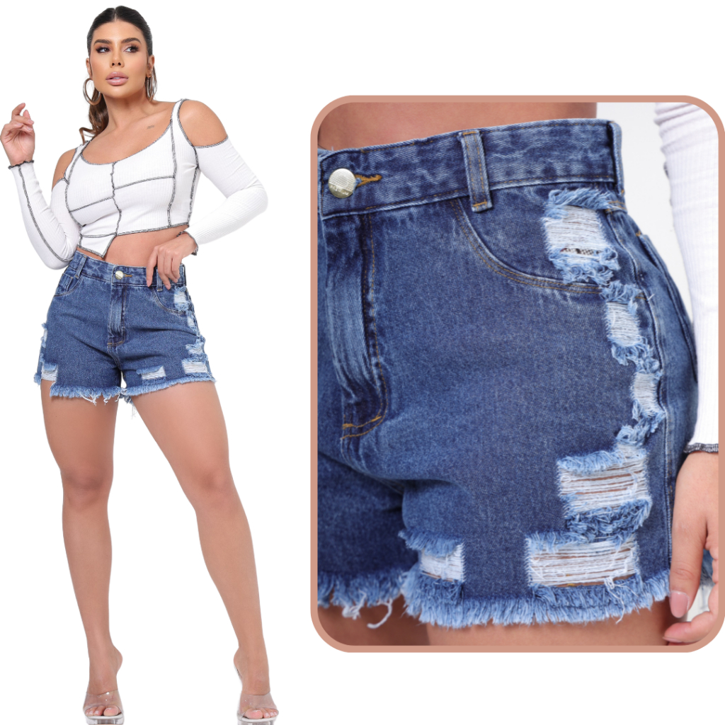 Short Feminino Jeans Cintura Alta 100% Algodão Bermudinha Levanta e Empina Bumbum
