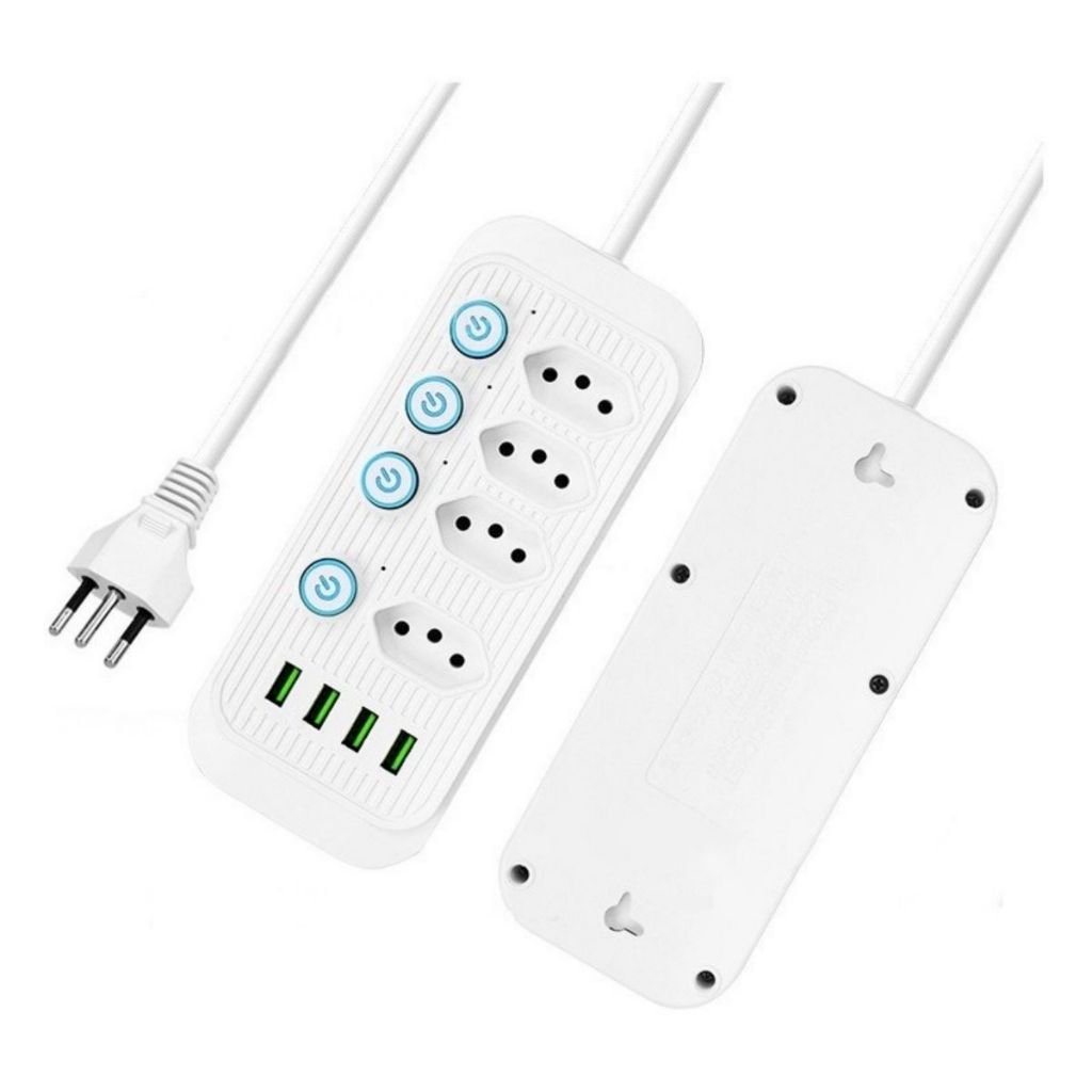 Extensão de tomada Régua alimentação 4 tomadas de Botões Individuais  2500W Com 4 USB Filtro De Linha Segurança 2 Metros em Oferta na Shopee