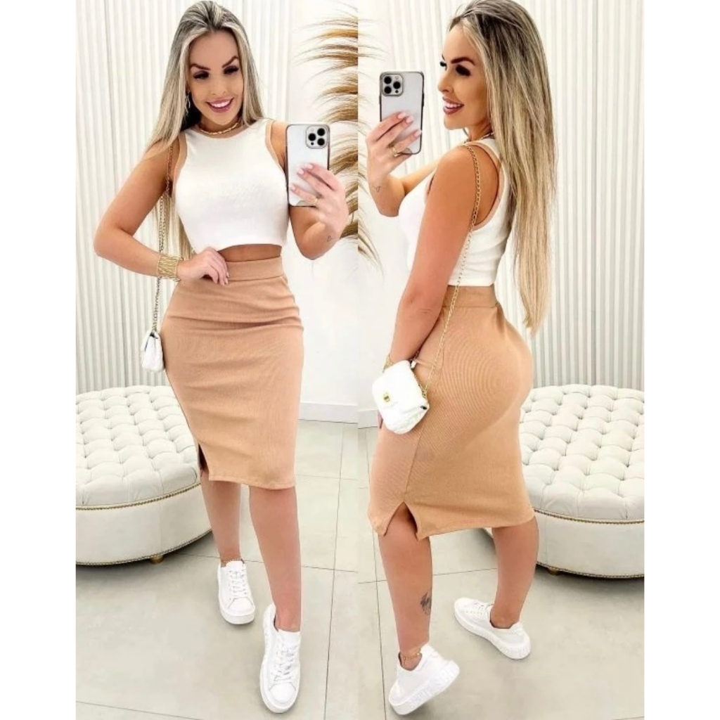 Conjunto Bicolor Cropped + Saia Midi com Fendas Laterais Feminina Ribana Canelada Moda Verão Natal e Ano novo