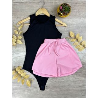 Kit Body Regata Canelado + Short Bermuda Canelada Feminino - Casual, Dia a Dia. em Oferta na Shopee