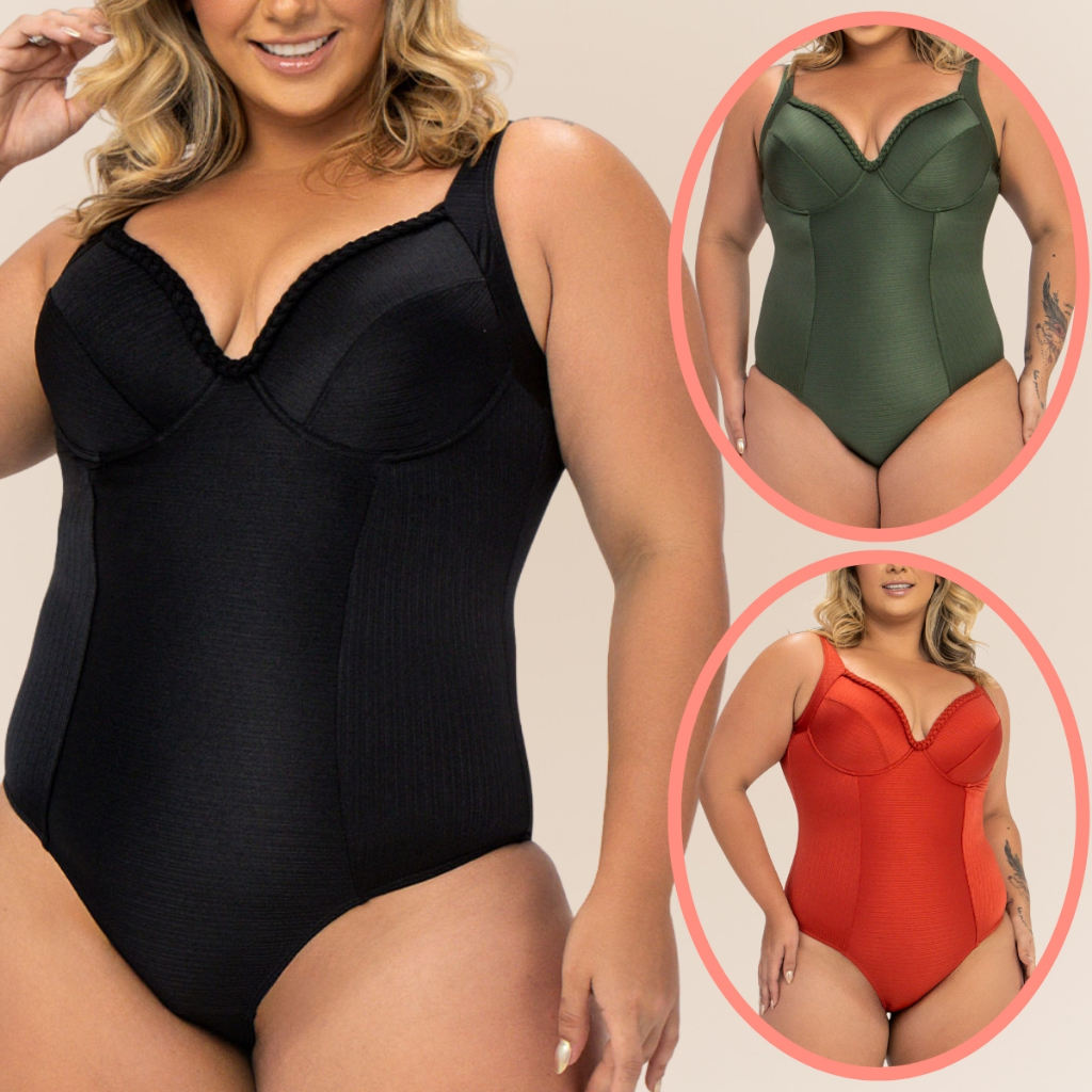Maiô Banho de Mar Zero Barriga com Bojo Detalhe Trançado Compressão na Medida Certa Plus Size Verão - Sports & Outdoors