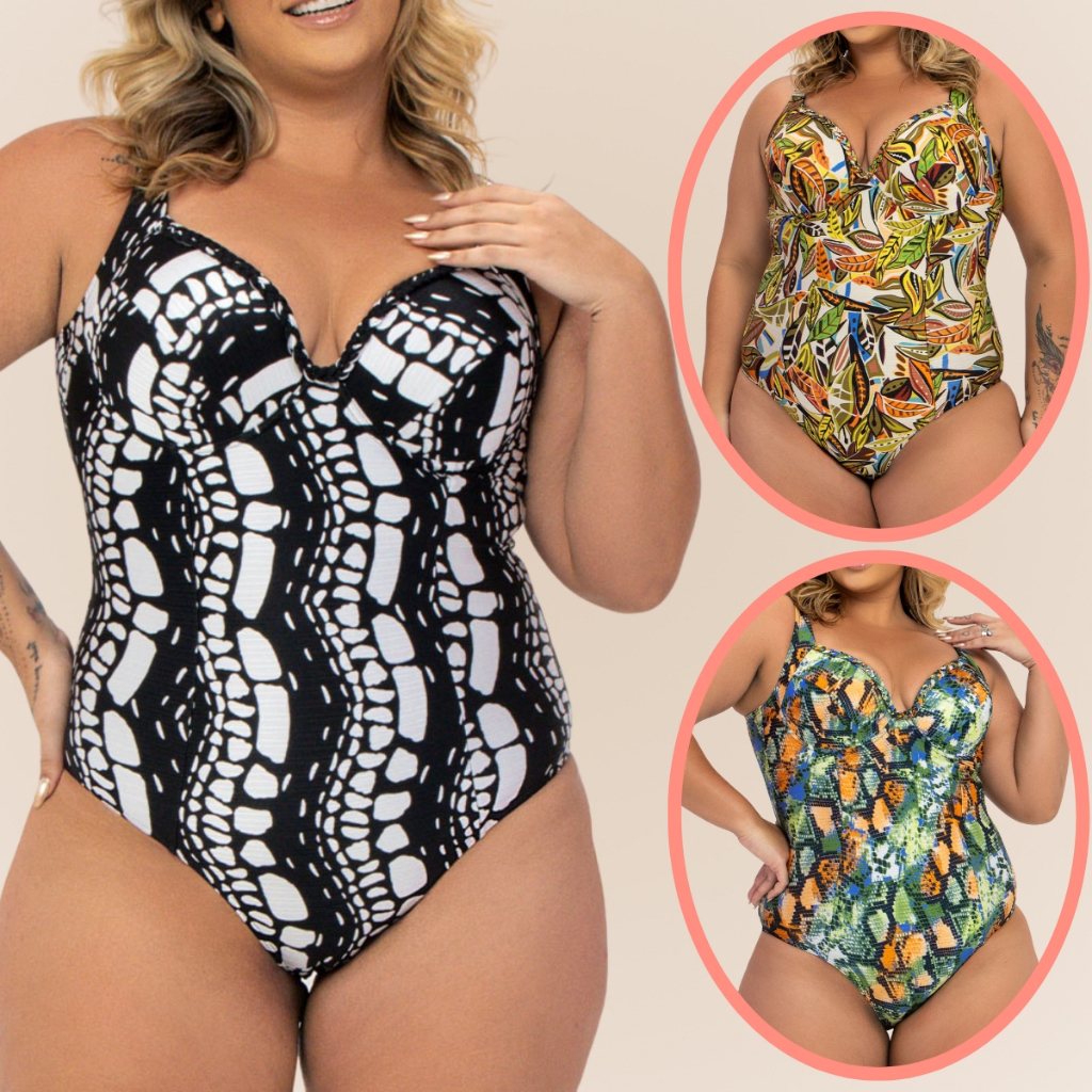 Maiô Banho de Mar com Bojo Modelo Zero Barriga Plus Size Estampado com Compressão na Medida Certa