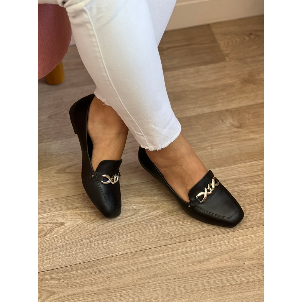 Sapatilha Feminina Mocassim Quadrado Casual Napa Preto