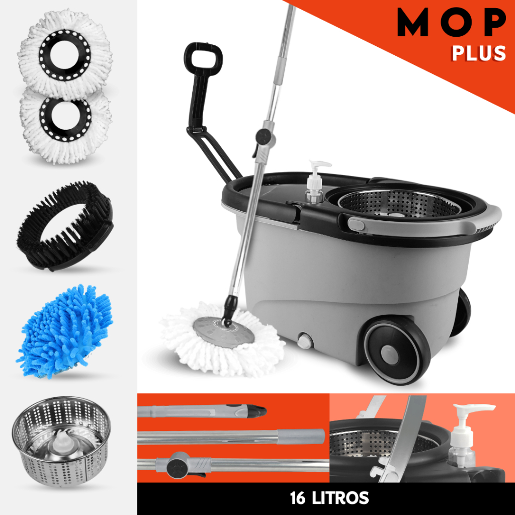 Mop Giratório Com Cesto Em Inox Cinza - Cabo 150cm - Completo - Mazzal