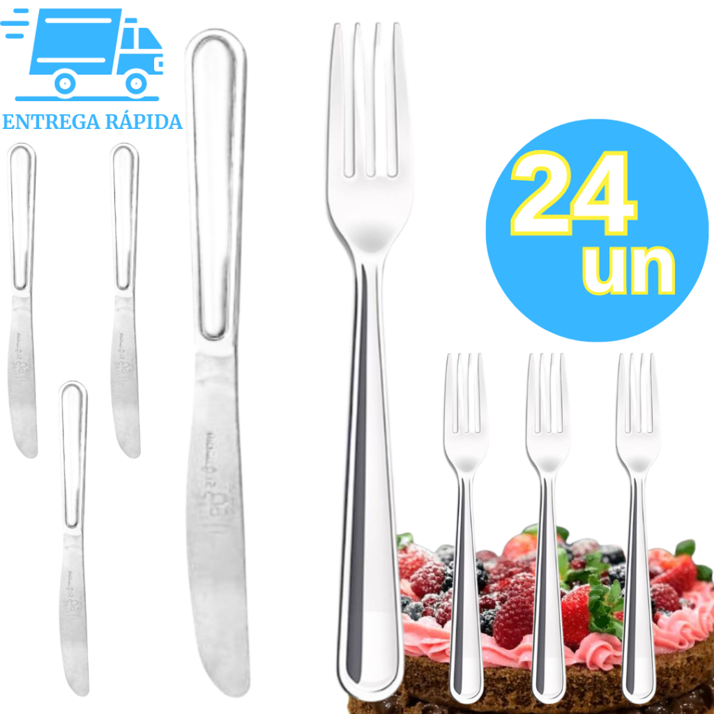 Kit 24 Peças Faca Garfo de Sobremesa Talheres Aço Inox Alta Qualidade Bolos Tortas Frutas