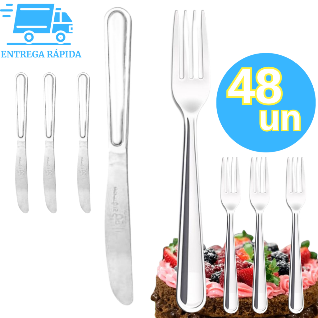 Kit 48 Peças Faca Garfo de Sobremesa Talheres Aço Inox Alta Qualidade Bolos Tortas Frutas para Casas