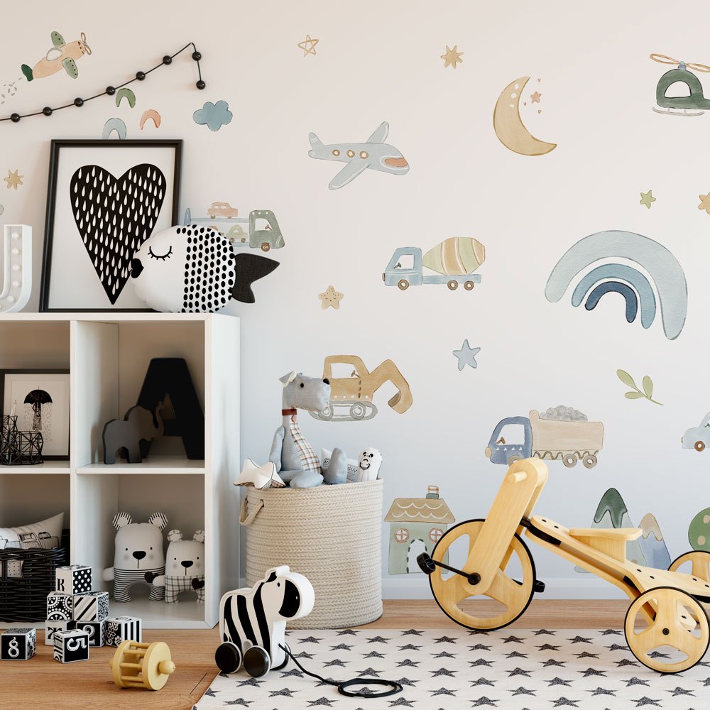 Adesivos de Parede Aquarela Infantil: Carrinhos, Caminhões, Casas, Montanhas, Nuvens e Estrelas em Oferta na Shopee