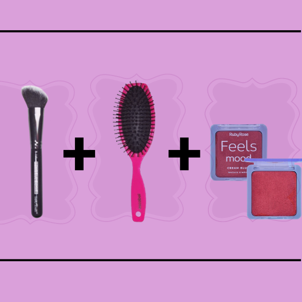 Kit Pincel P/ Maquiagem Macrilan+Escova Para Cabelos Escobel+Blush Cremoso RubyRose(cores sortidas)