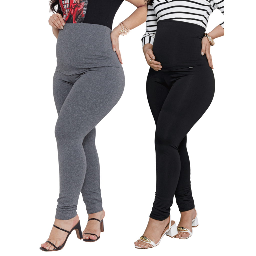 Kit 2 Legging gestante 1 preto + 1 cinza calça grávida maternidade  suplex alto conforto s...