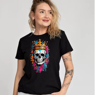 Camisa Feminina T-Shirt Estampa de Caveira Colorida Camiseta 100% Algodão Malha Grossa em Oferta na Shopee