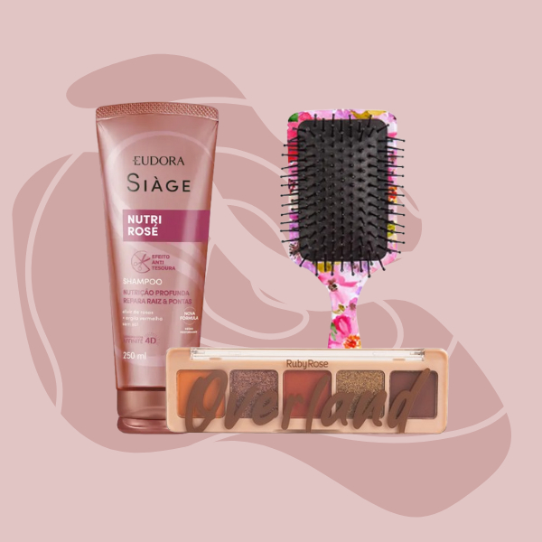 Kit Shampoo Nutri Rosé Siàge + Paleta de Sombras Overland Ruby Rose + Escova Estampa Sortida Escobel