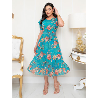 Vestido Midi Tule Estampado Moda Evangelica Plus size