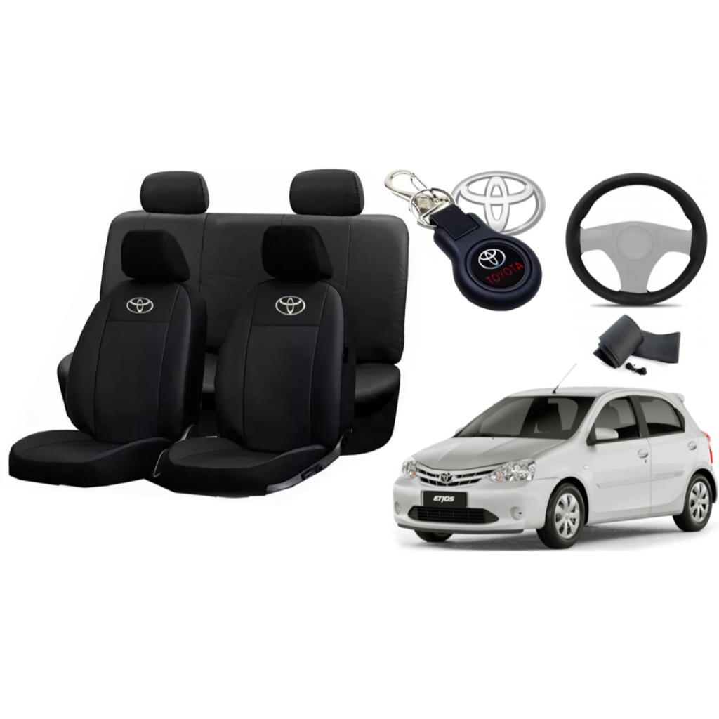 capa de couro toyota para banco etios 12-16 + capa de volante + chaveiro