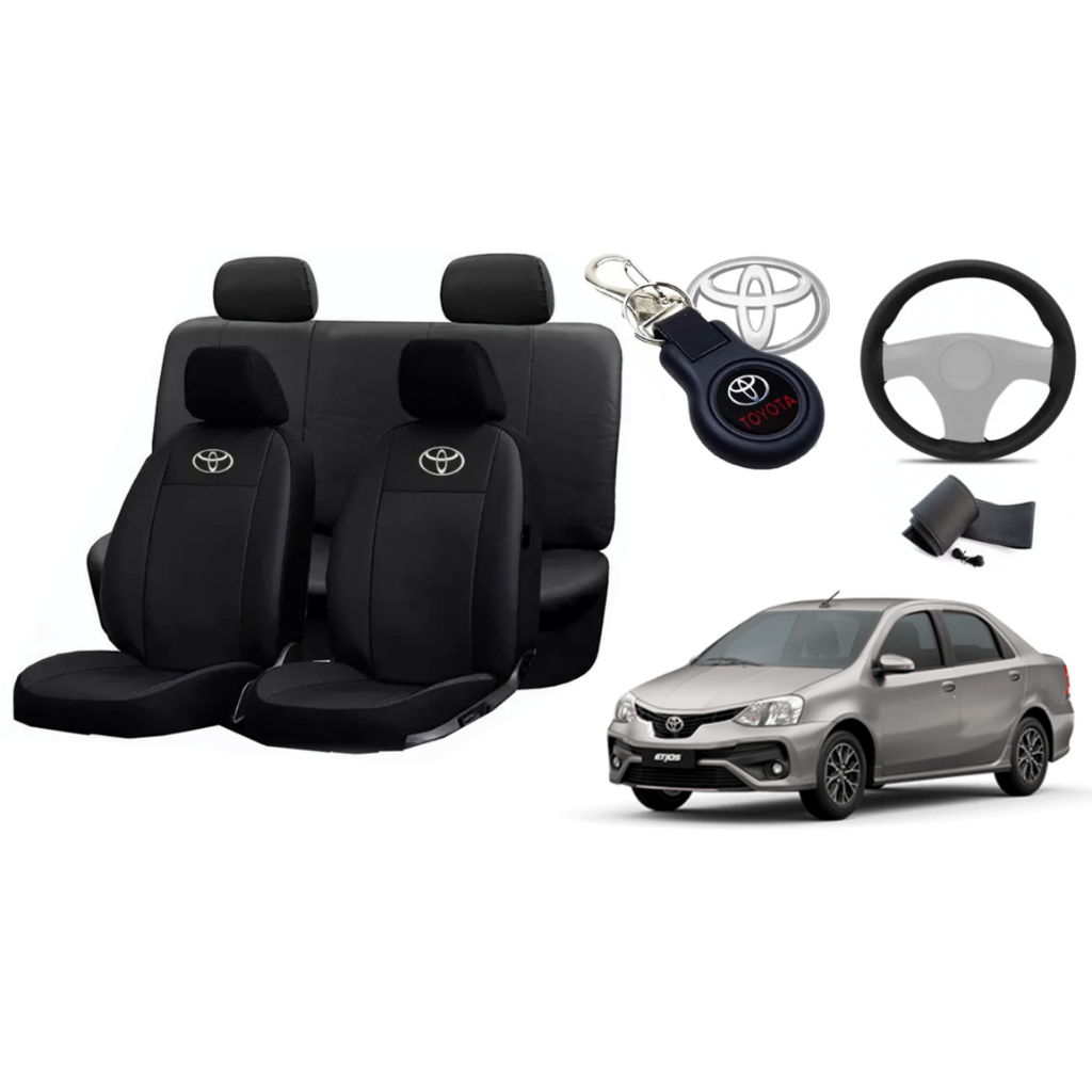 capa de couro toyota para banco etios 16-22 + capa de volante + chaveiro
