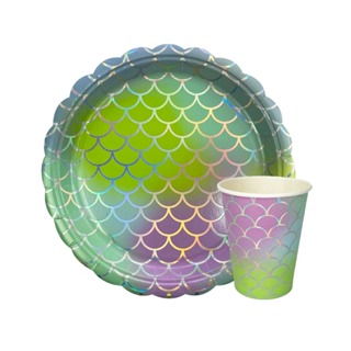 Kit 8 copo e 8 prato de papel descartável sereia fundo do mar em Oferta na Shopee