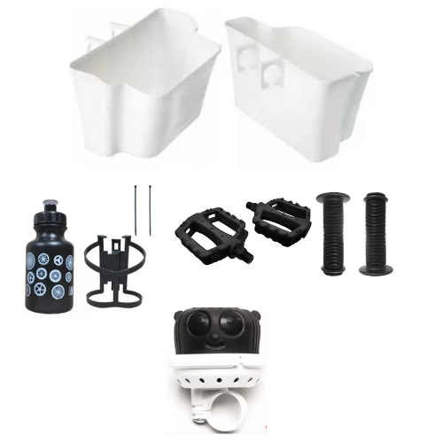 KIT BICICLETA INFANTIL ARO 16 CESTA JKS  PLÁSTICO+MANOPLA+PEDAL PACO+GARRAFA 300ML+BUZINA FON FON -COLORIDA