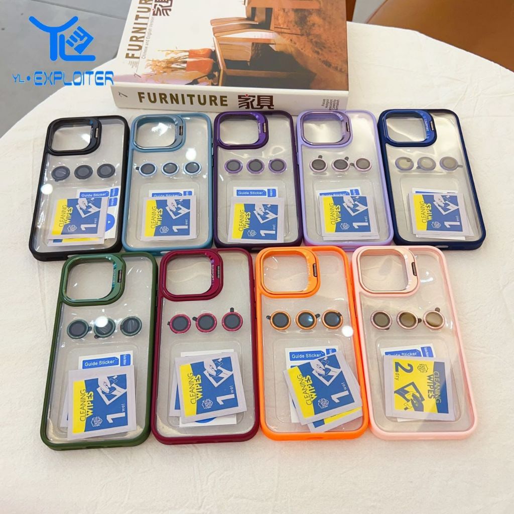 Capa Acrilica Transparente com pelicula de camera, suporte de camera metalizado para iPhone 11 12 13 14 Pro e Pro Max