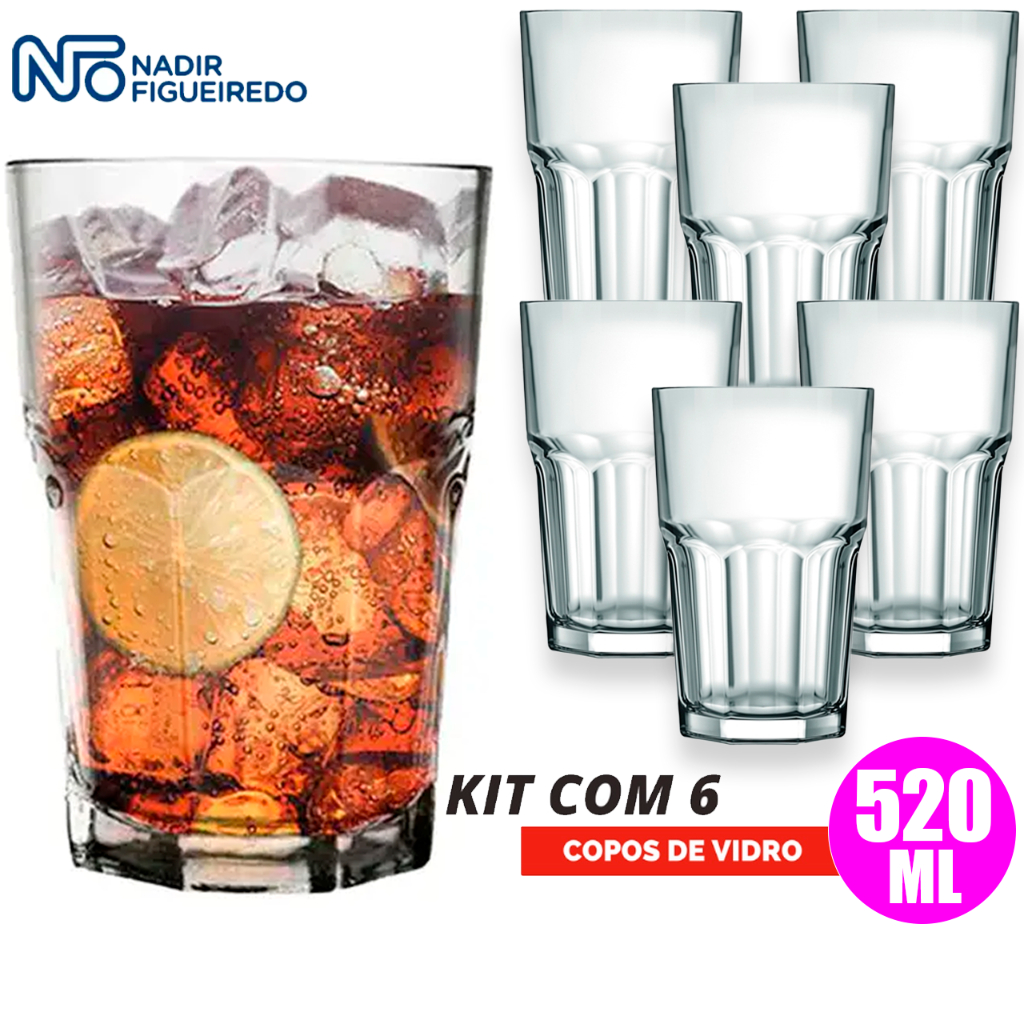 Kit Jogo 6 Copos Bristol Long Drink 520ml Vidro Grosso Bar Restaurante Buffet Duralex Nadir