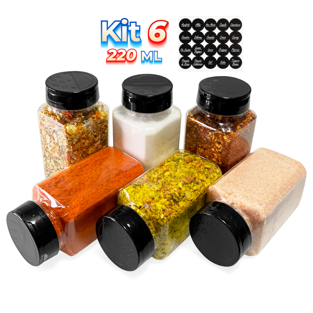 Potes Condimentos Temperos Sal Parrilha 220ml Tampa Dupla Reforçada + Etiqueta - Envio Imediato 6 un em Oferta na Shopee