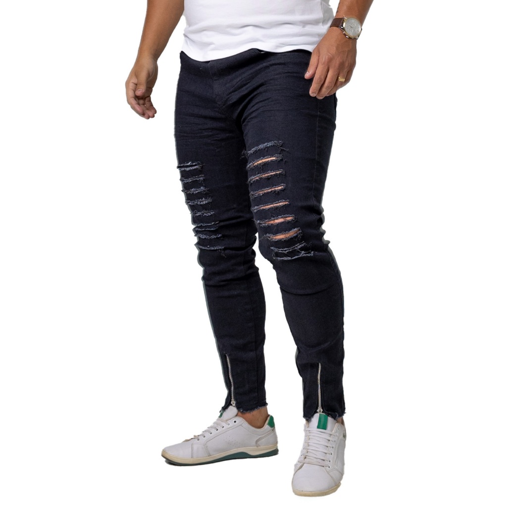 Calça Jeans Masculina Rasgada Preta Skinny Zíper Barra Lycra Elastano
