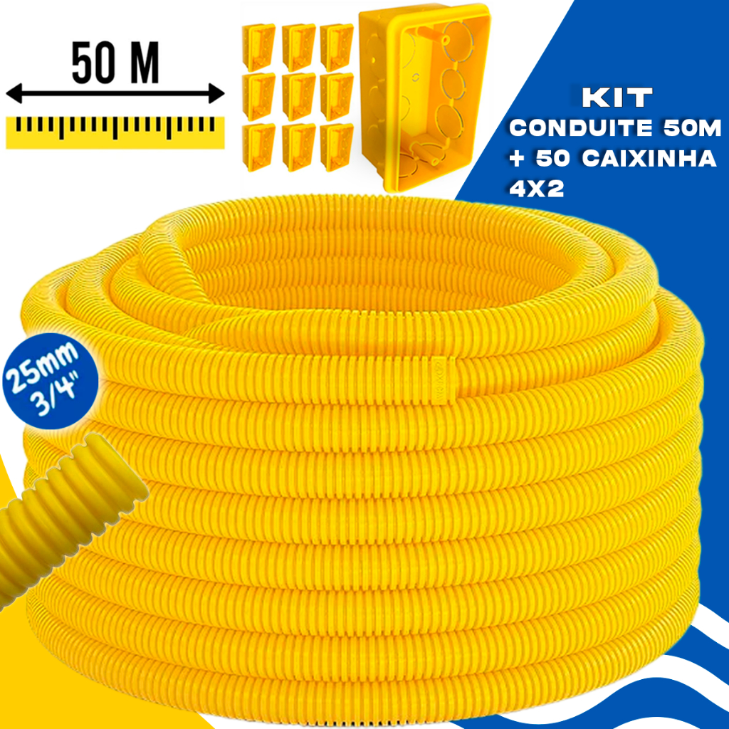 Kit Conduíte Corrugado 3/4 50m Amarelo + 50 Caixinhas 4x2