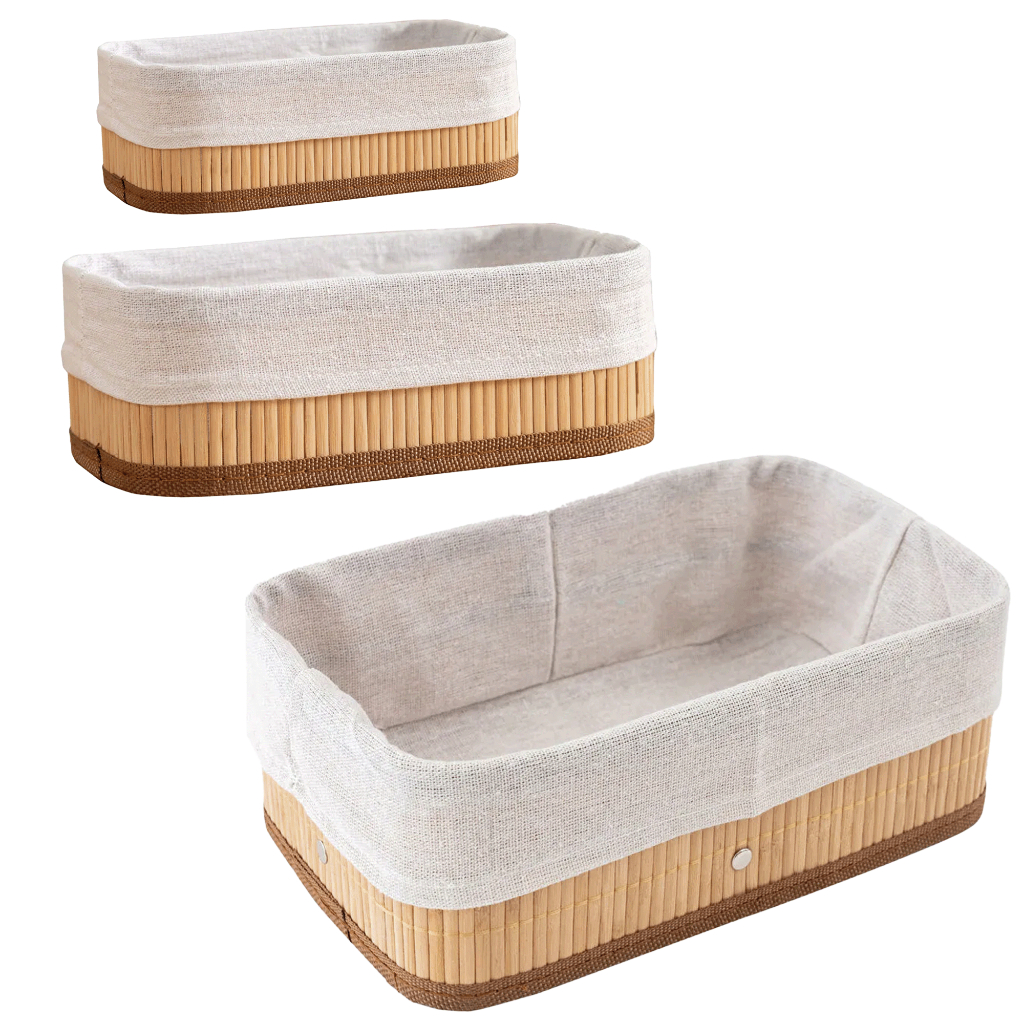 Kit 3 Cestos de Bambu Conjunto com Tecido Forro em Algodão Cesto Organizador Multiuso Deco...