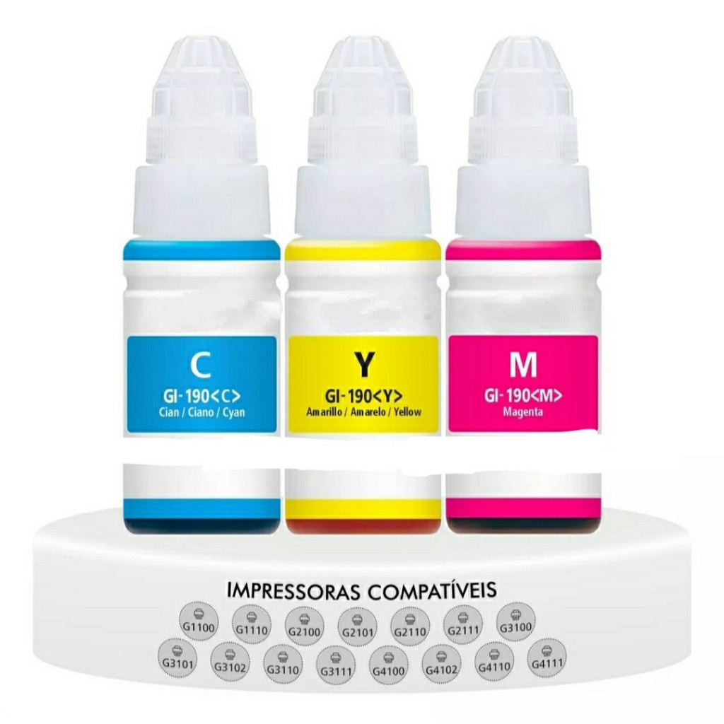 Kit 3 Tintas G190  p/ Canon Impressoras  G1100, G1110, G2100, G2110, G3100, G3102, G3110, G3111, G4100, G4110, G4111...