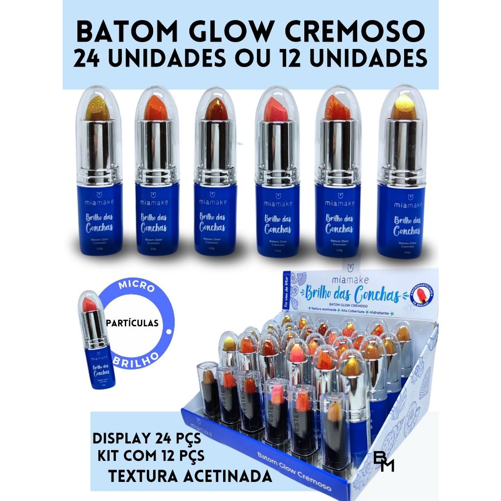 Mia Make Kit com 12 unidades ou Display com 24 Unidades Batom Cremoso Com Glitter Brilho das Conchas 3,8g Cada