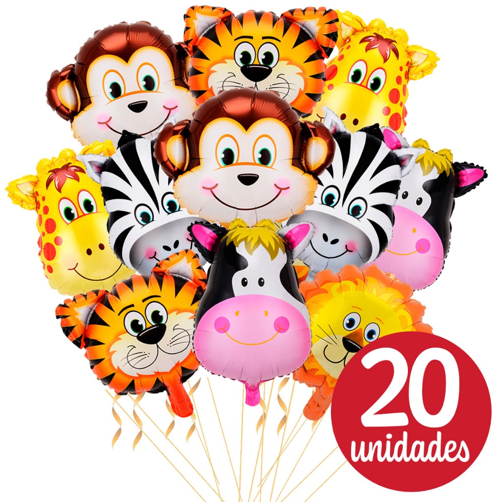 Kit 20 Balão Safari Animais Metalizado 40cm Decoração Festa Aniversário Bichinhos Leão Tigre Zebra