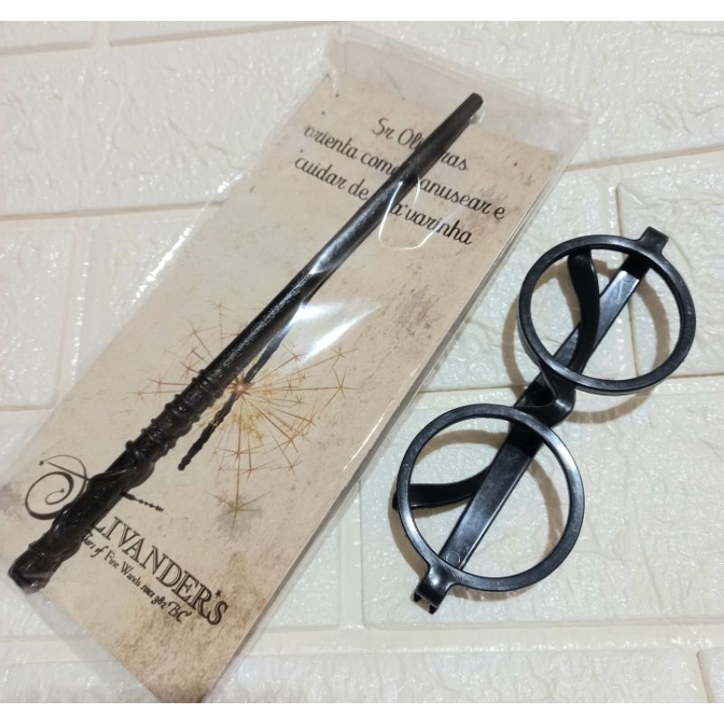 Kit de Mini Varinha 21 cm  + Óculos de plástico grosso  sem lentes e guia de varinhas  Harry Potter