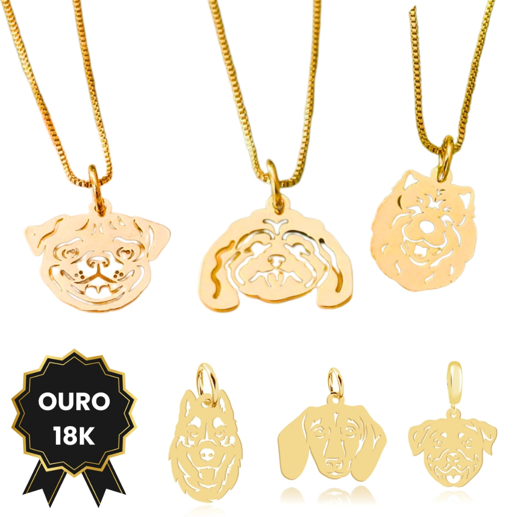 Pingente Cachorro Ouro 18k Personalizado Pet Salsicha Pug Yorkshire ShihTzu Pastor Alemão Spitz Pinscher Schnauzer